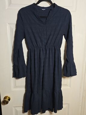 Navy S Small Long-Sleeve Textured Midi Dress with Elastic Waist